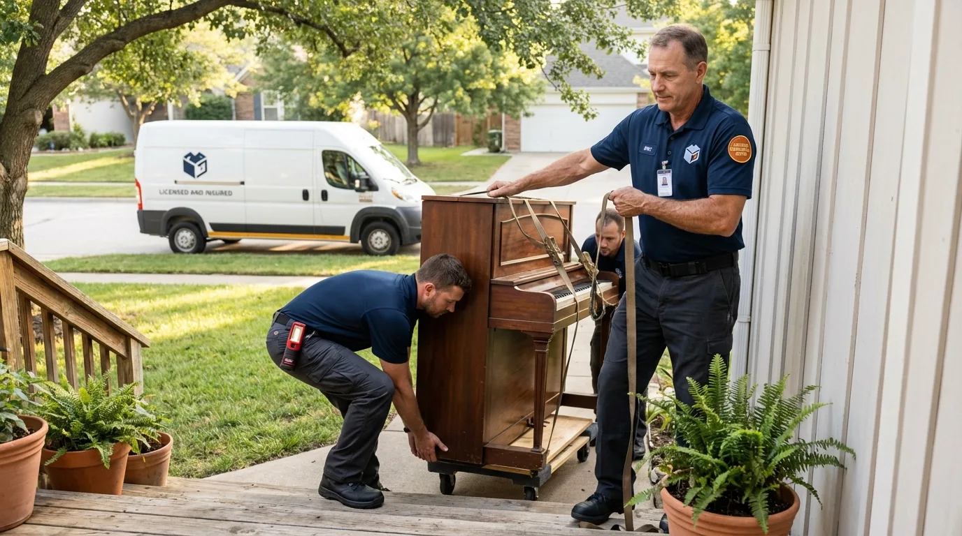 Licensed piano movers securing grand piano in Wilton, NH
