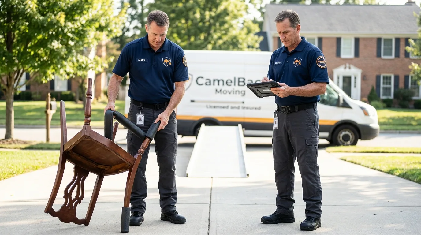 Movers inspecting furniture for damage prevention before loading in Wilton, NH