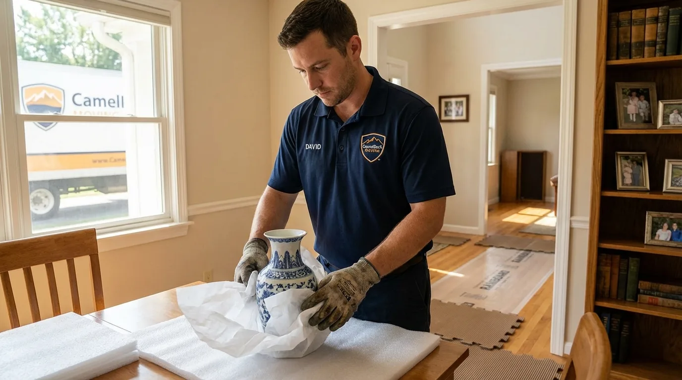 Professional crew carefully wrapping antique vase for senior downsizing move in Wilton, NH