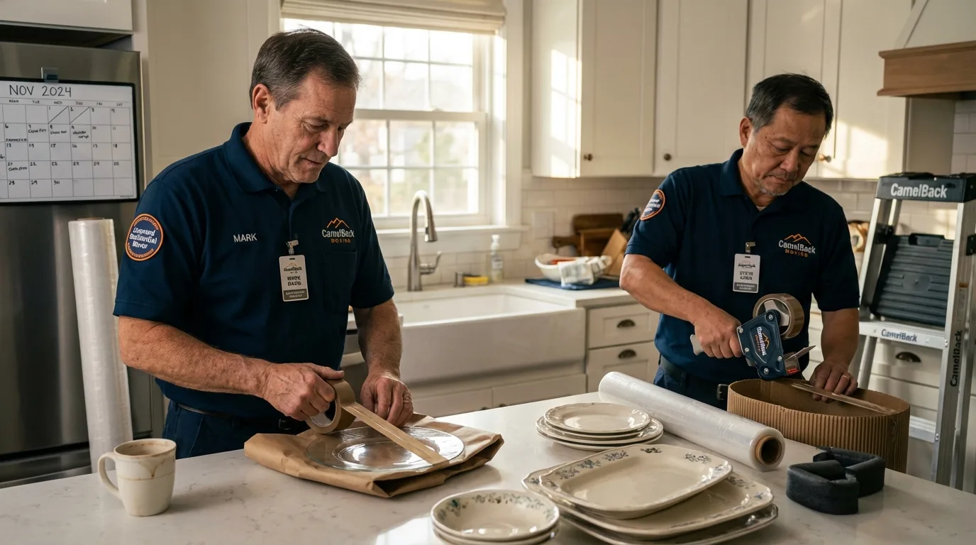 Professional crew packing kitchen dishware in Wilton, NH